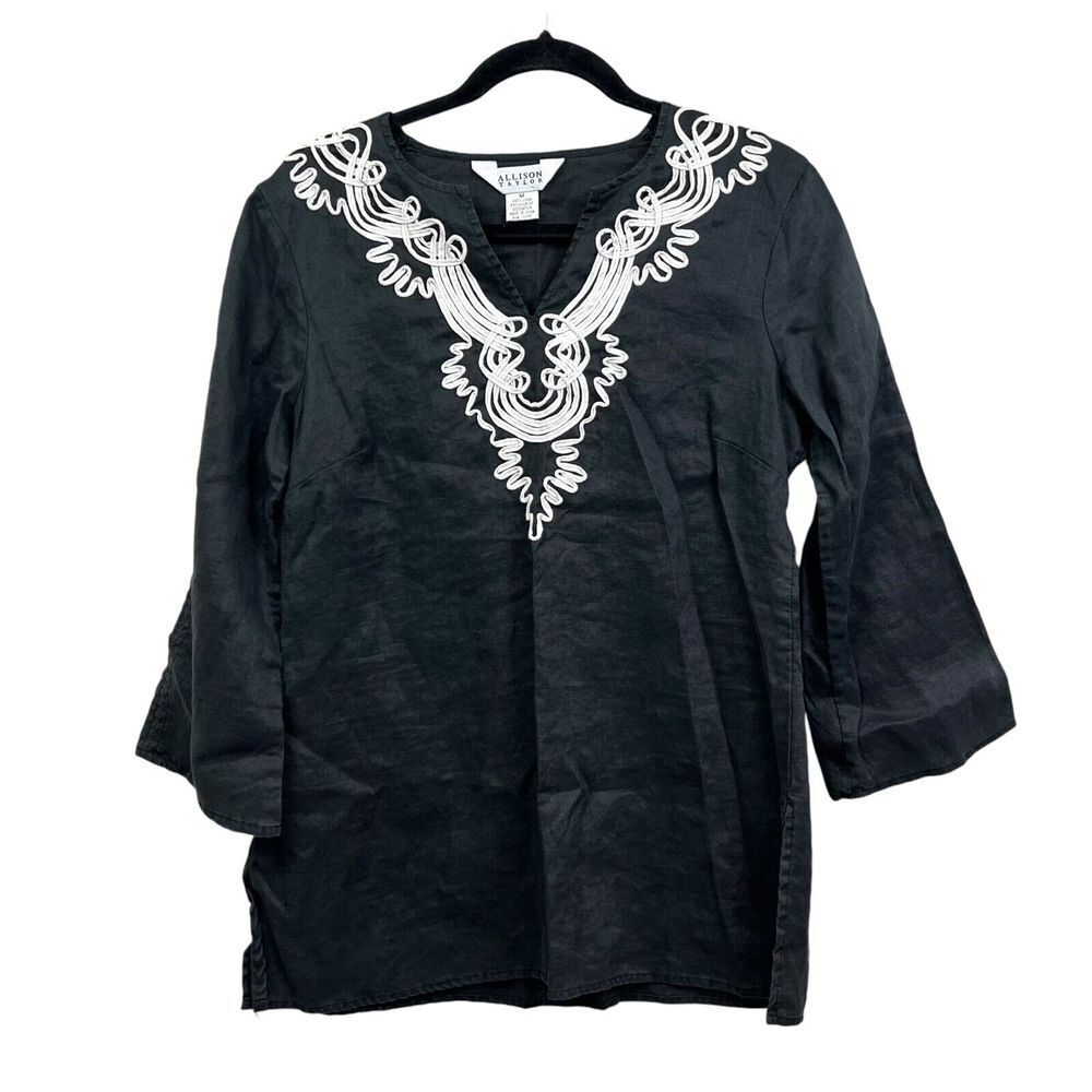 Allison Taylor Womens Linen Tunic Blouse Top Embroidered 3/4 Sleeve Black Sz M*